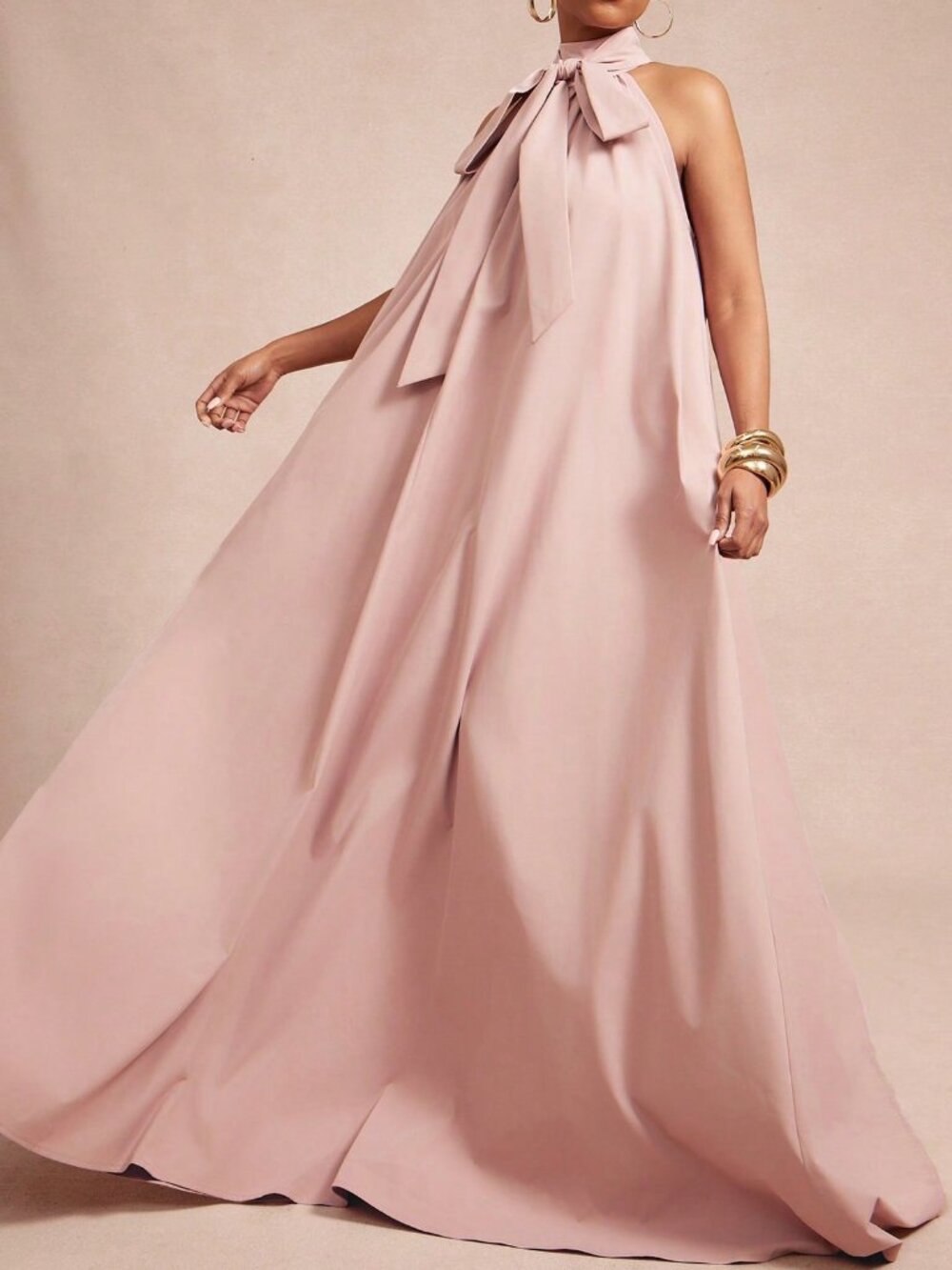 Pink Elegant Women's Woven Bow Tie Halter Neck A Line Maxi Dress